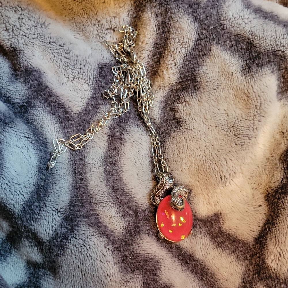 Silver Snake Necklace with Red Pendant